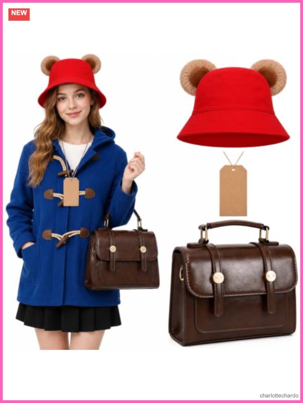 Plush Bear Ear Bucket Hat & Faux Leather Crossbody Bag Costume Accessory Set